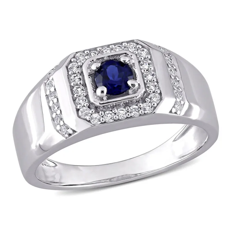Miadora Sterling Silver Men's Created Blue and White Sapphire Halo Wedding Band Ring sold by Zulily