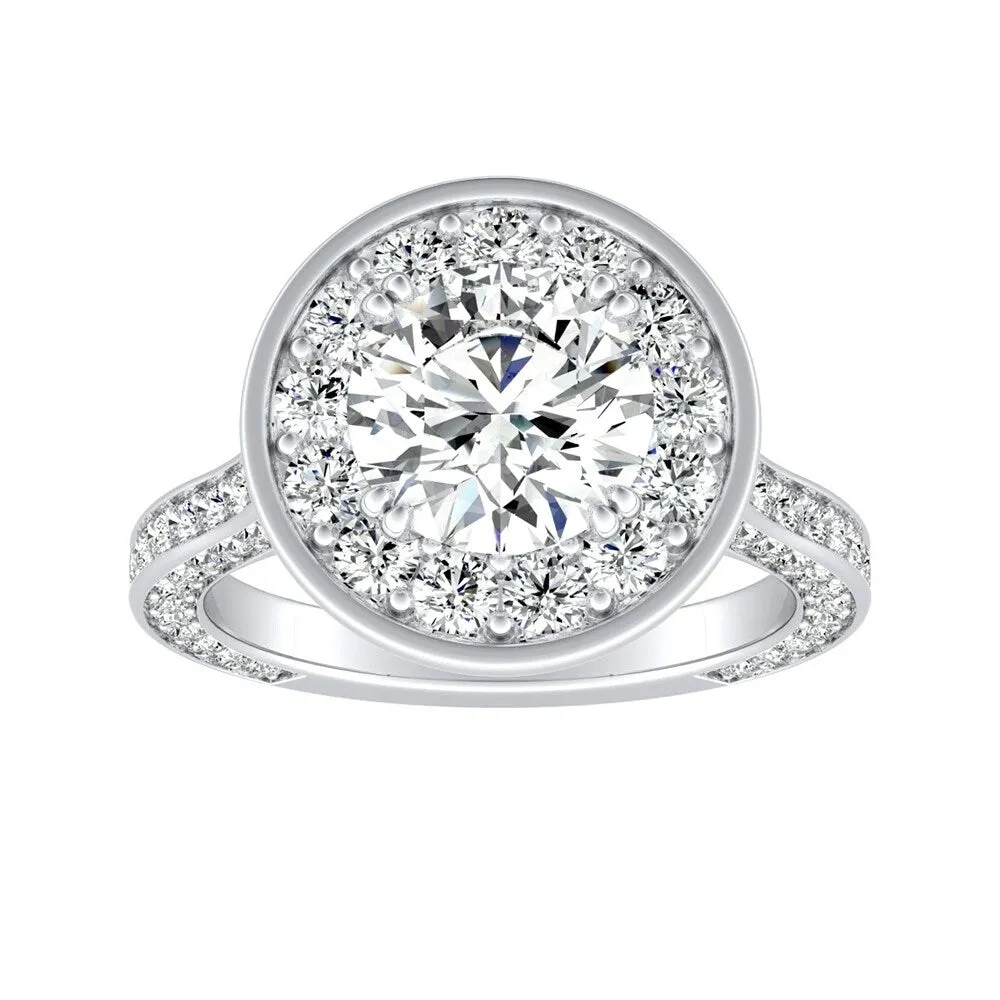 Auriya 14k Gold Round 2 1/2ct Moissanite and 1 1/4ctw Diamond Halo Engagement Ring sold by Zulily