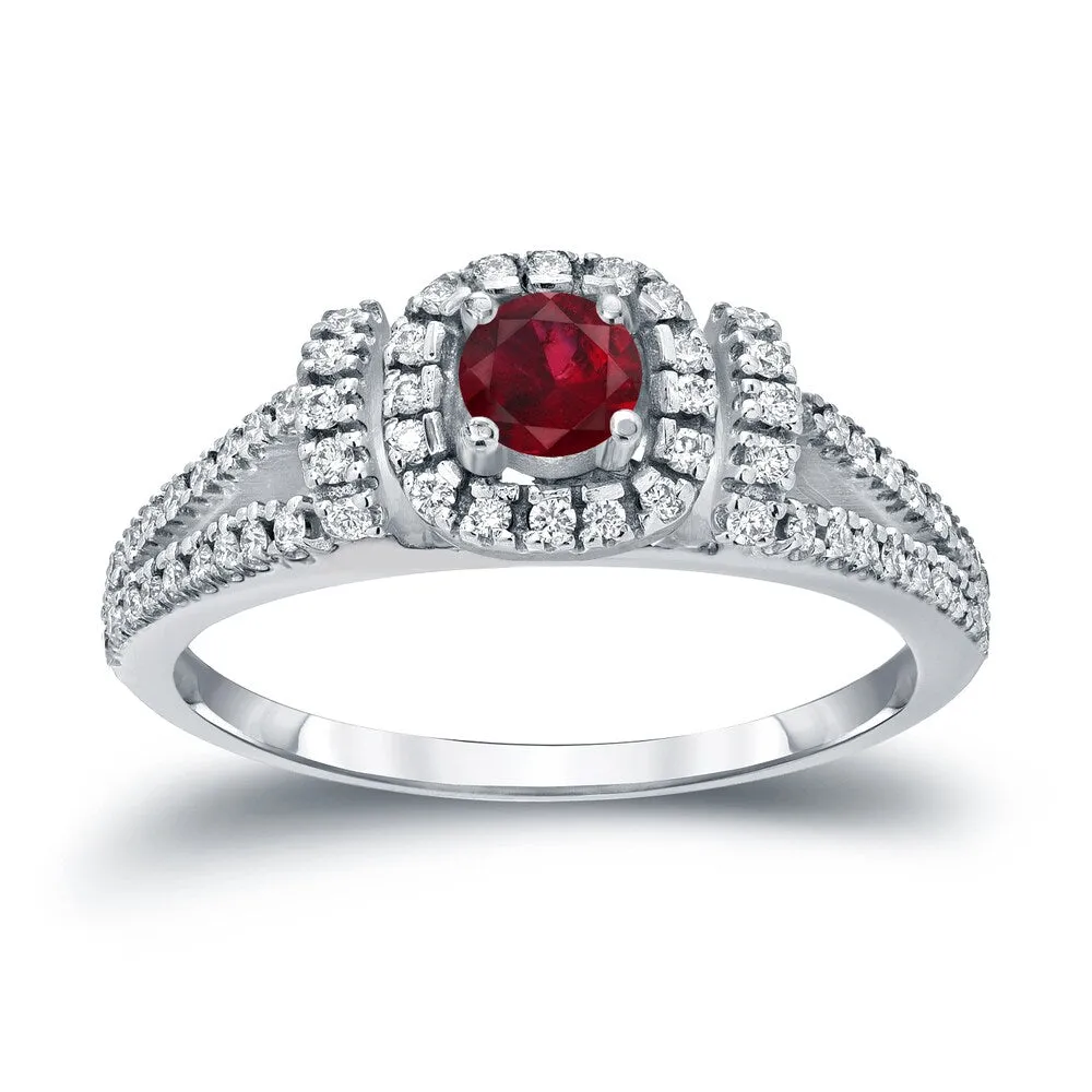Round 1/5ct Red Ruby and 1/3ct TDW Diamond Halo Engagement Ring in 14k Gold by Auriya sold by Zulily