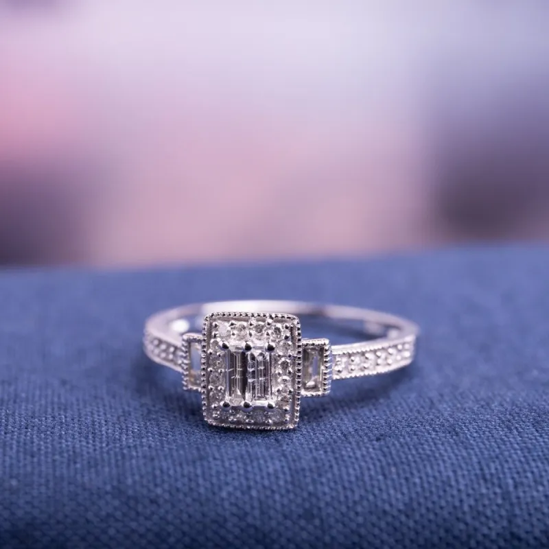 Miadora 10k White Gold 1/3ct TDW Baguette Diamond Halo Engagement Ring sold by Zulily