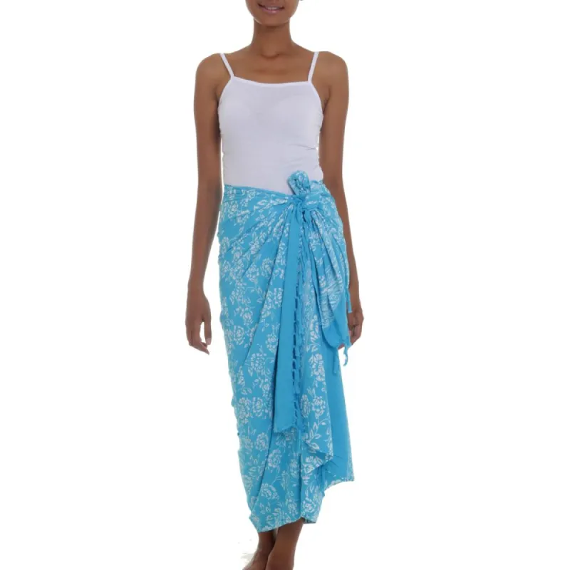 NOVICA Handmade Rayon Batik Sarong, 'Tropical Garden in Cerulean' (Indonesia) sold by Zulily