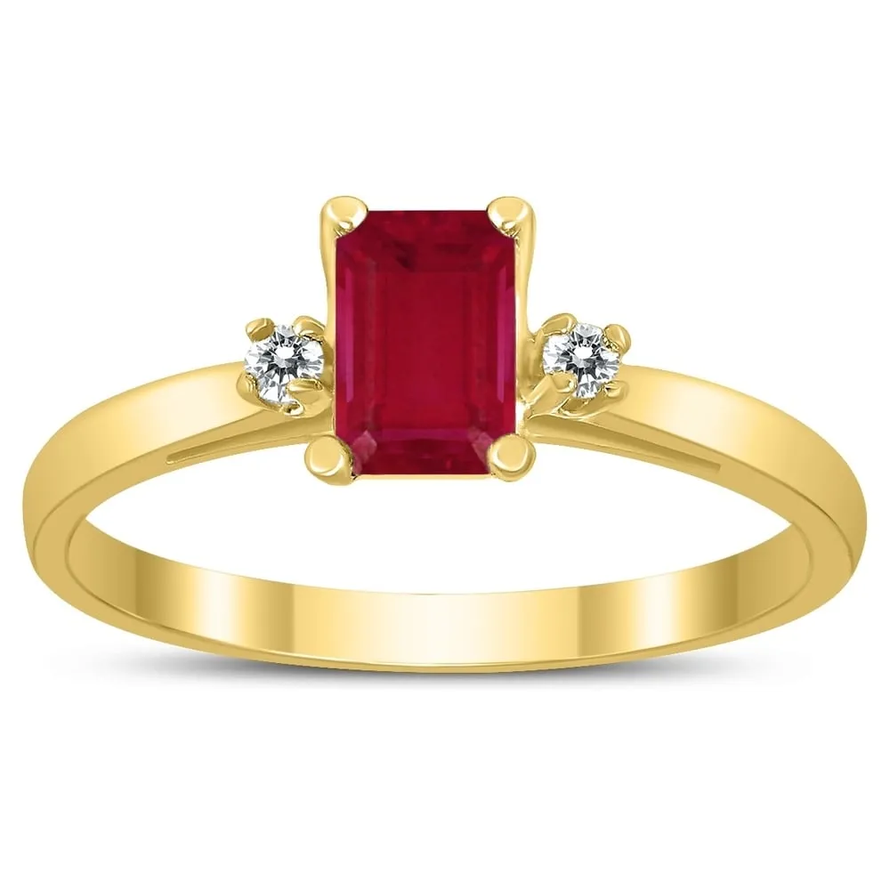 Emerald Cut 6X4MM Ruby and Diamond Three Stone Ring in 10K Yellow Gold sold by Zulily product image thumbnail 3