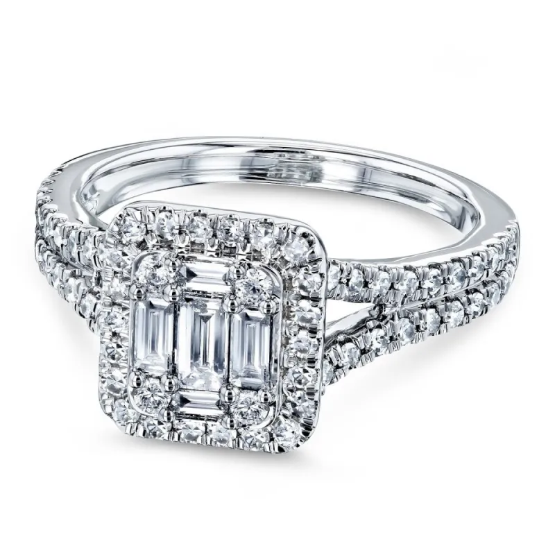 Annello by Kobelli 10k White Gold 3/4 Carat TDW Diamond Rectangular Baguette Cluster Halo Split Shank Engagement Ring sold by Zulily