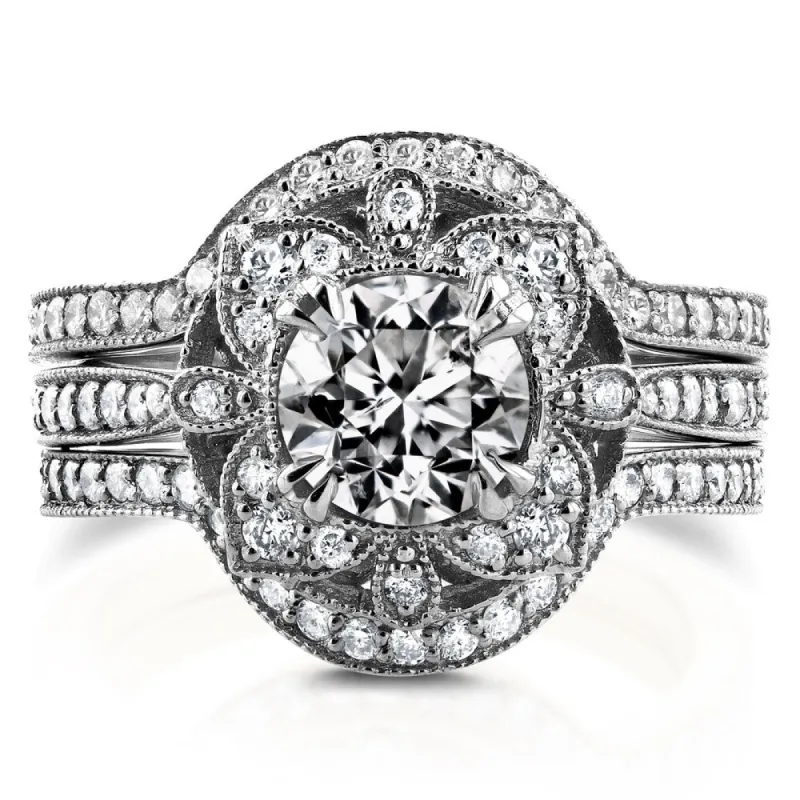 Annello by Kobelli 14k White Gold 1 5/8ct TDW Diamond 3-Piece Floral Antique Bridal Set made by Zulily