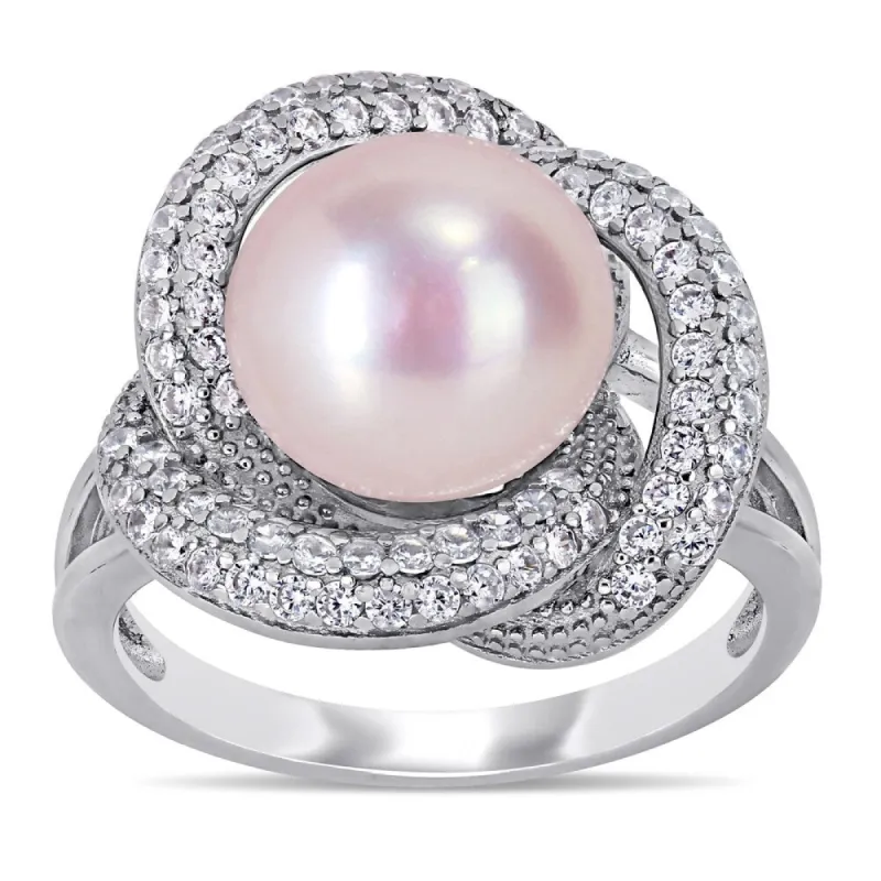 Miadora Sterling Silver Pink Cultured FW Pearl and CZ Swirl Floral Halo Ring (10-11 mm) sold by Zulily