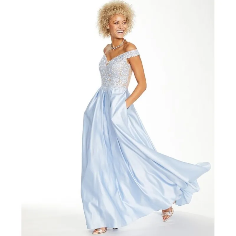 Blondie Nites Junior's Off the Shoulder Embroidered Satin Gown Blue Size 0 sold by Zulily