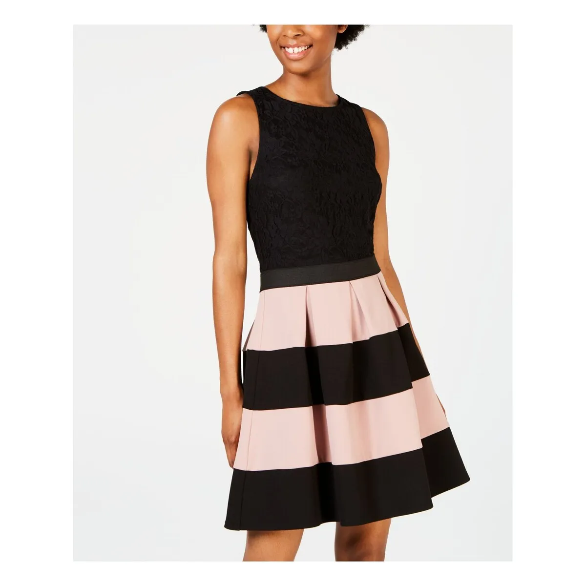 Speechless Women's Embroidered Lace Striped Sleeveless Jewel Neck Above The Knee Fit Flare Dress Black Size Medium sold by Zulily