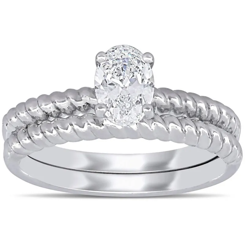 Miadora 14k White Gold 3/4ct TDW Oval-Cut Diamond Solitaire Twisted Band Bridal Ring Set sold by Zulily
