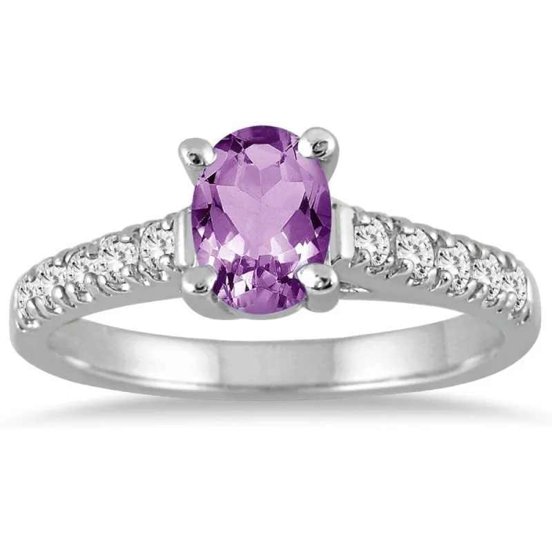 1 Carat Oval Amethyst and Diamond Ring in 14K White Gold sold by Zulily