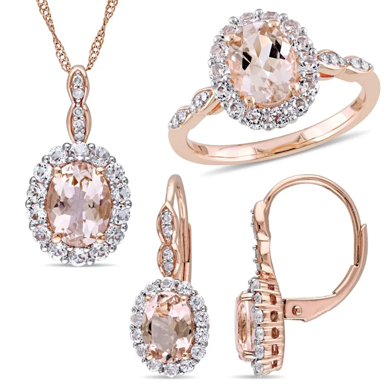 Miadora 14k Rose Gold Oval Morganite, Topaz & 1/10ct TDW Halo Ring, Stud Earrings & Necklace Set sold by Zulily