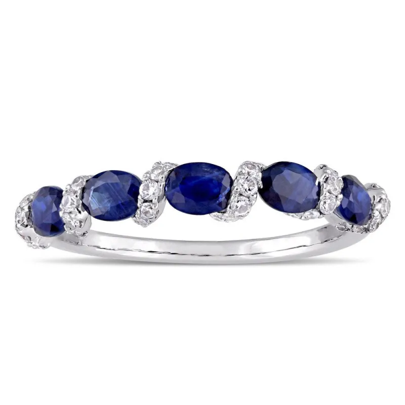 Miadora Signature Collection 14k White Gold Light Blue Sapphire and 1/4ct TDW Diamond Swirl Anniversary Band sold by Zulily