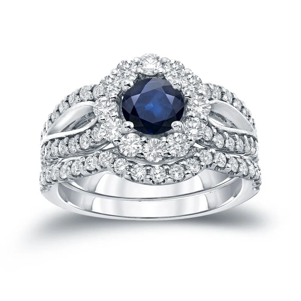 Auriya 14k Gold 1ct Blue Sapphire and 1 1/3ctw Halo Diamond Engagement Ring Set sold by Zulily