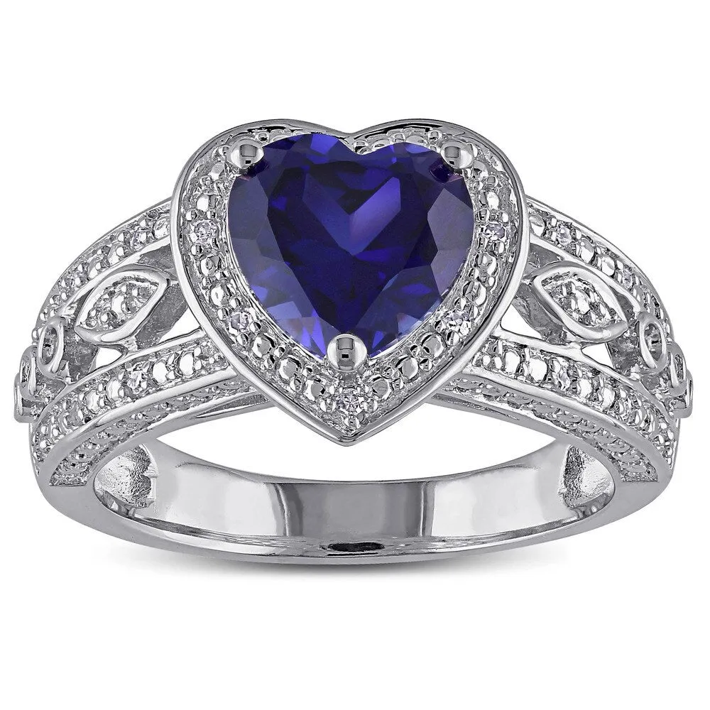 Miadora Sterling Silver Created Blue Sapphire and 1/10ct TDW Diamond Heart Halo Ring sold by Zulily