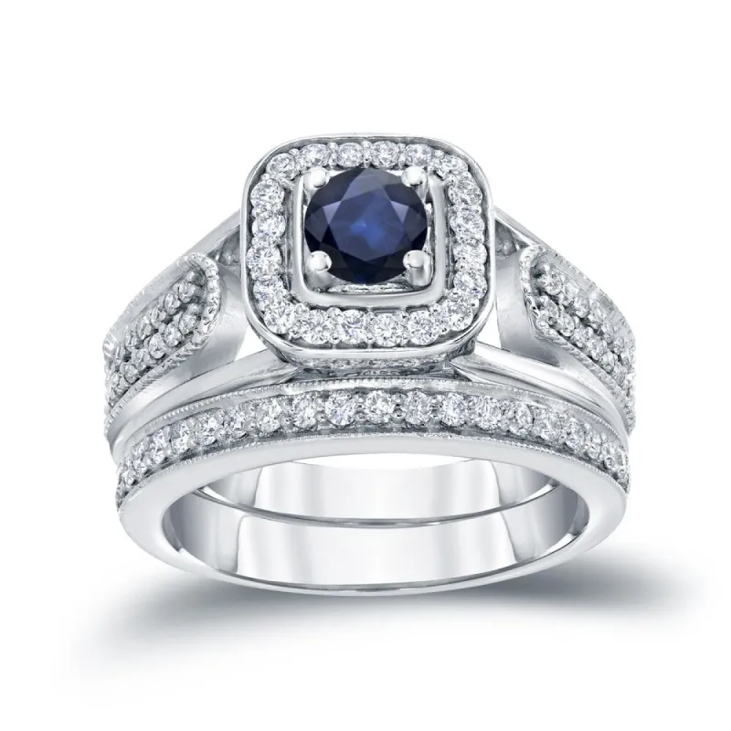 14k Gold Vintage 1/6ct Sapphire and 1/2ct TDW Halo Diamond Engagement Ring Set by Auriya sold by Zulily