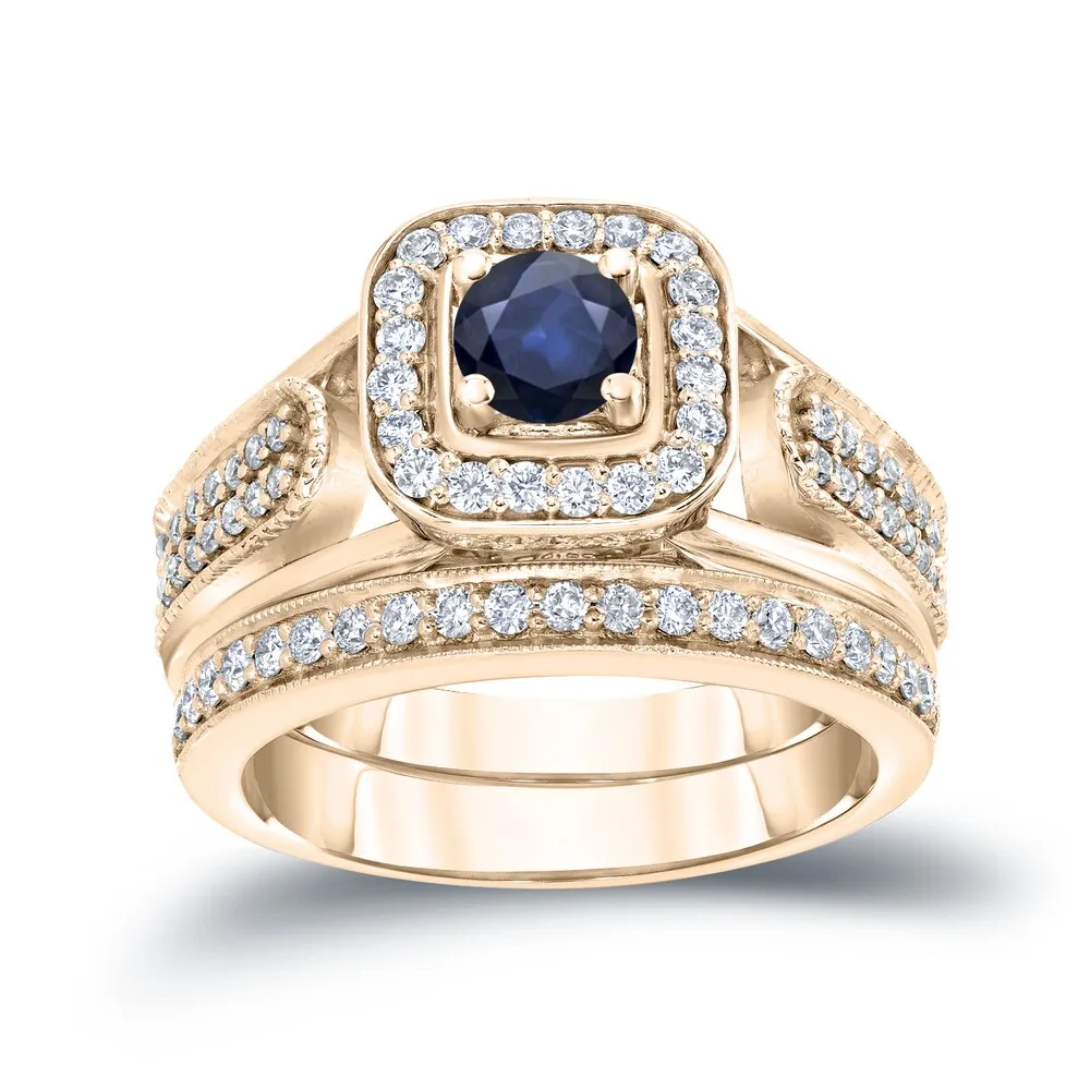 14k Gold Vintage 1/6ct Sapphire and 1/2ct TDW Halo Diamond Engagement Ring Set by Auriya sold by Zulily product image thumbnail 2