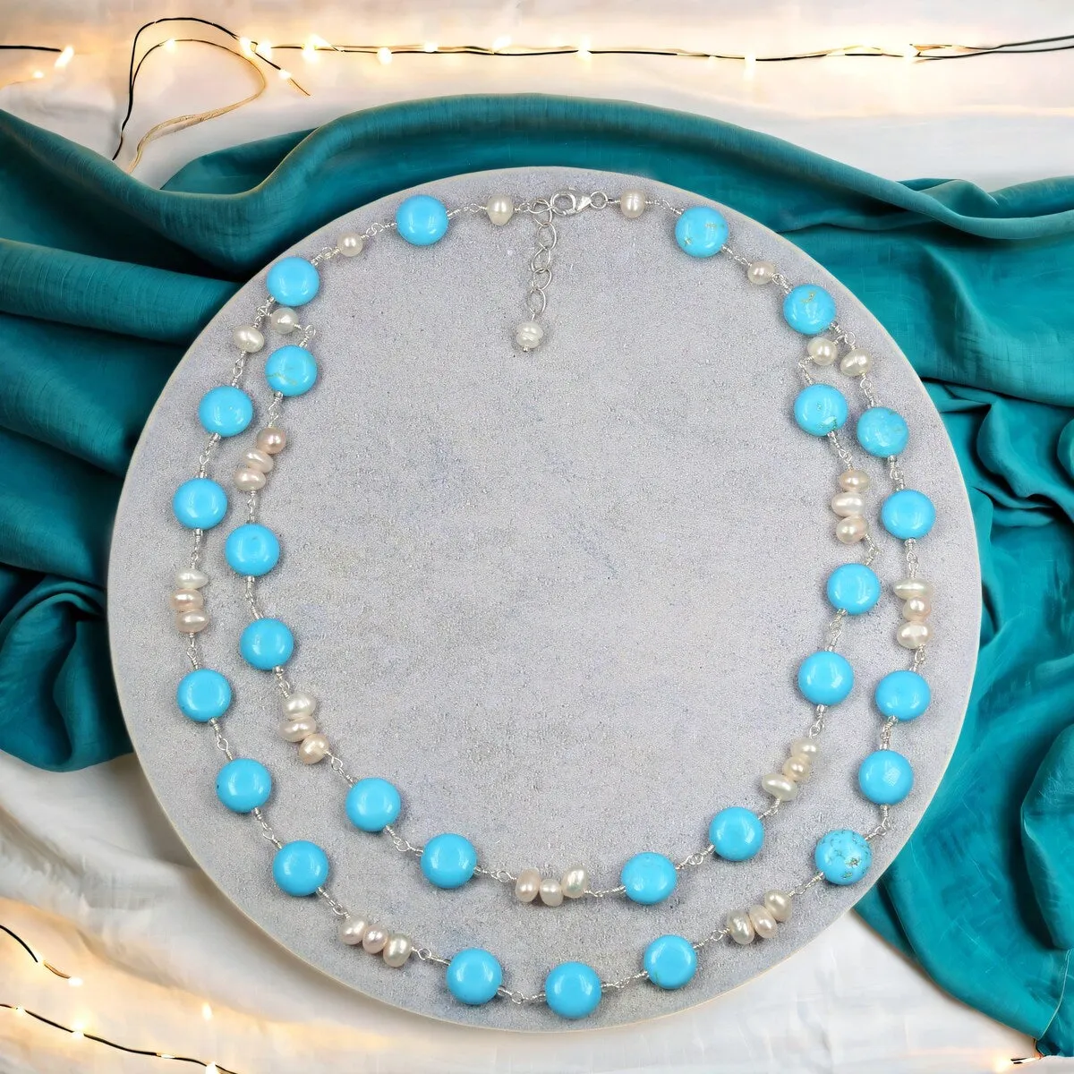 A magnesite turquoise and cultured freshwater pearl wire-wrapped statement necklace. sold by Zulily product image thumbnail 2