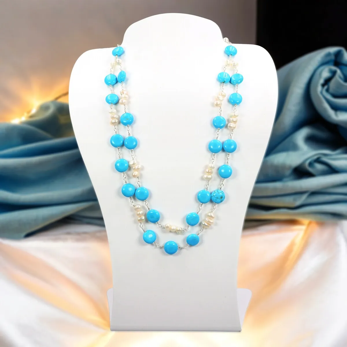 A magnesite turquoise and cultured freshwater pearl wire-wrapped statement necklace. sold by Zulily product image thumbnail 3