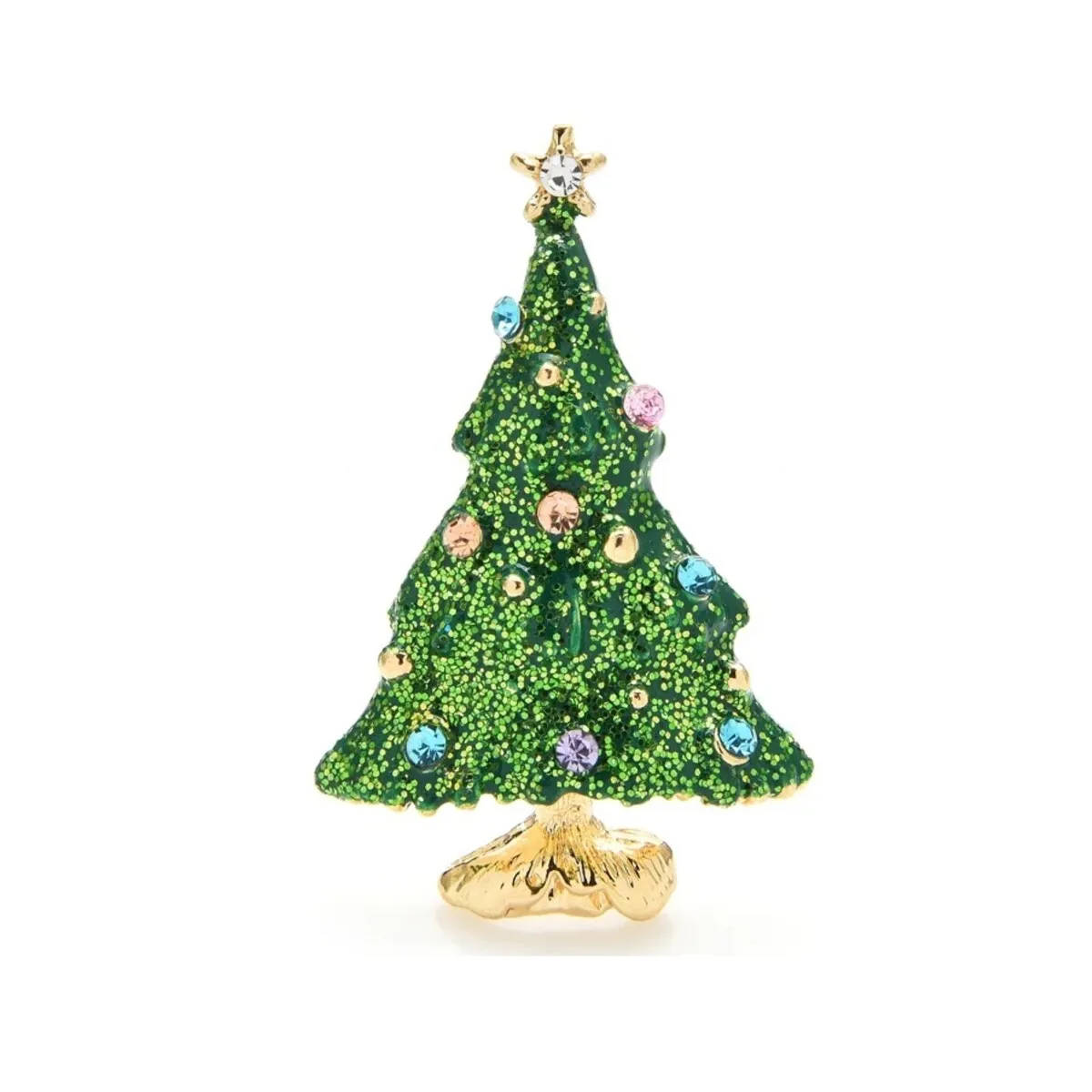 Goldtone And Green Glittery Christmas Tree Brooch With Crystals sold by Zulily