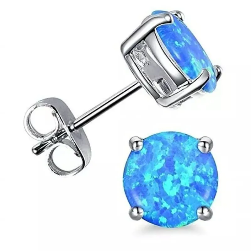 925 Sterling Silver 6mm Round Blue Fire Opal Stud Earrings - Blue Opal made by Zulily