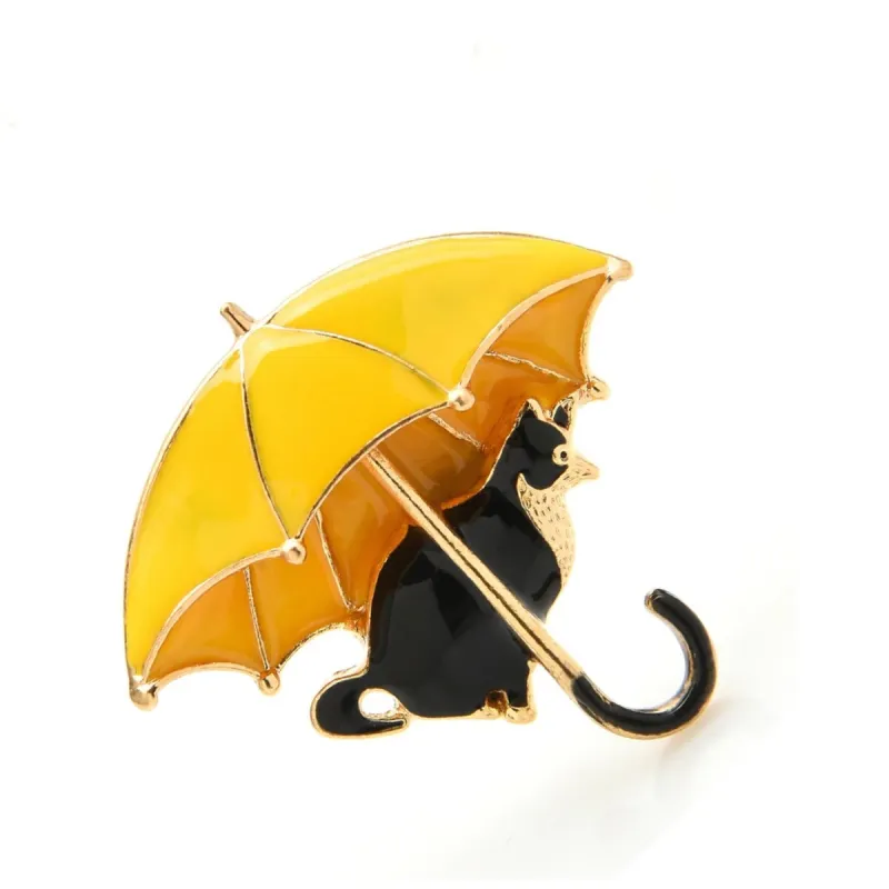 Goldtone And Yellow Umbrella Black Cat Brooch sold by Zulily