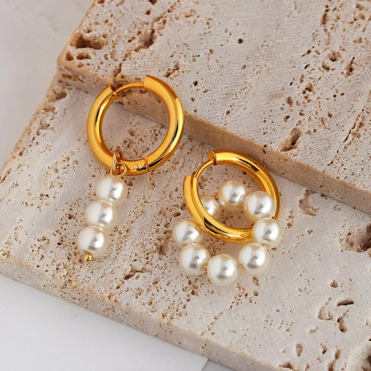 Asymmetrical Goldtone Huggie Hoop & Imitation Pearl Earrings sold by Zulily