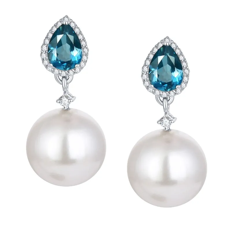 Sterling Silver Shell Pearl, Natural London Blue Topaz and White Topaz Drop Earrings Gifts for Her sold by Zulily