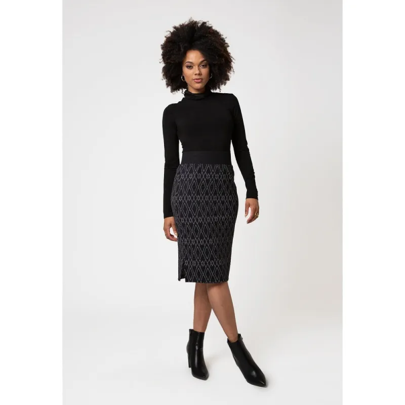 Leota Women's Midi Pencil Skirt In Diamond Lines Luxe Jacquard Black sold by Zulily