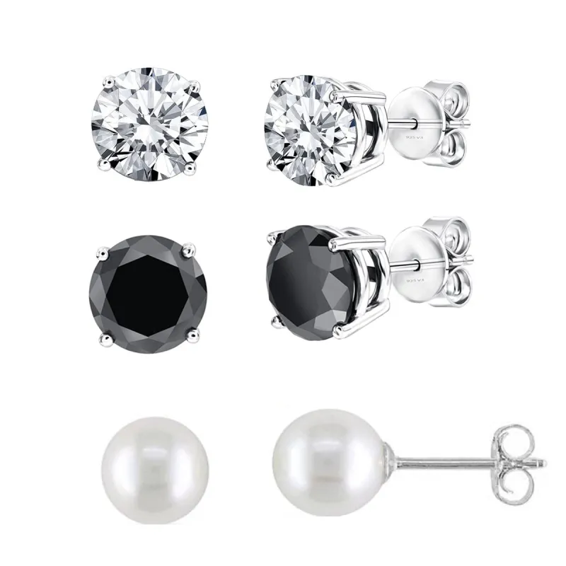Set of 3 Sterling Silver Stud Earrings - Black Spinel, White Topaz and Pearl sold by Zulily