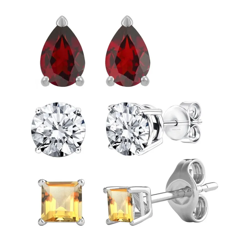 Set of 3 Sterling Silver Multi Shape Stud Earrings - Garnet, White Topaz and Citrine sold by Zulily