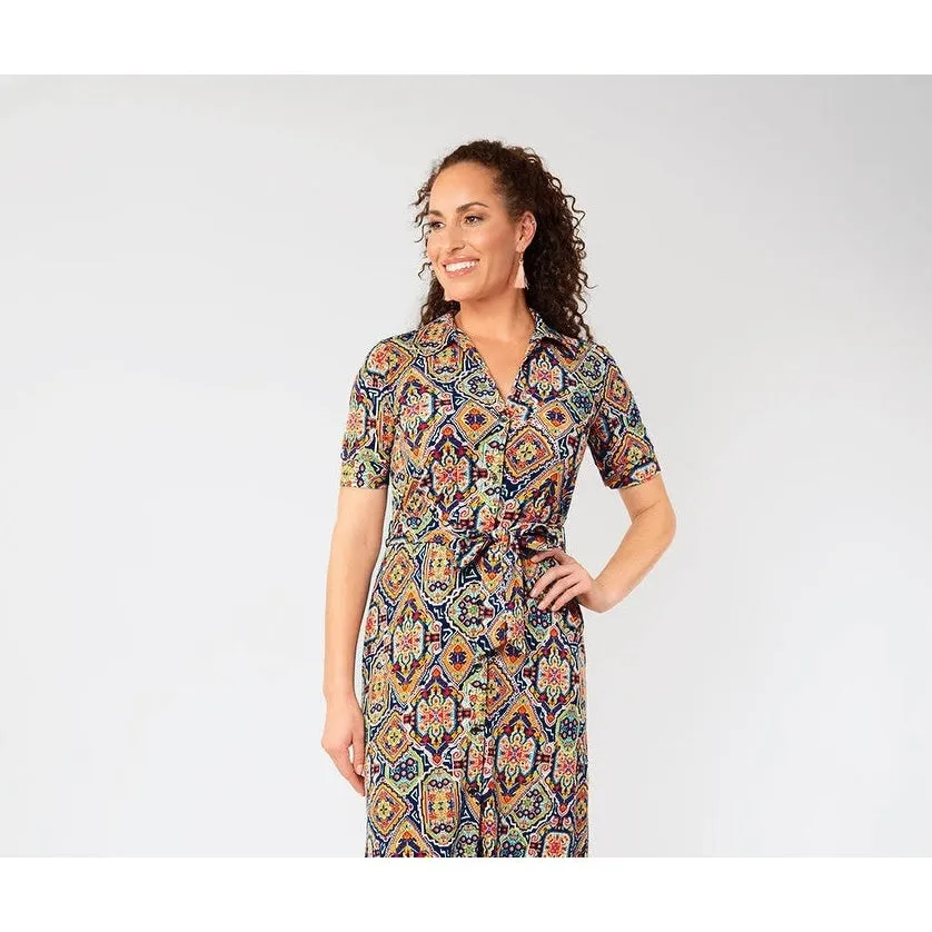 Leota Women's Jade Short Sleeve Button Down Belted Shirt Dress Multi Blue Size Small sold by Zulily product image thumbnail 3