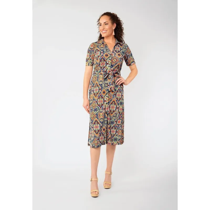 Leota Women's Jade Short Sleeve Button Down Belted Shirt Dress Multi Blue Size Small sold by Zulily