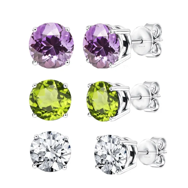 Set of 3 Sterling Silver Stud Earrings - Amethyst, White Topaz and Peridot sold by Zulily
