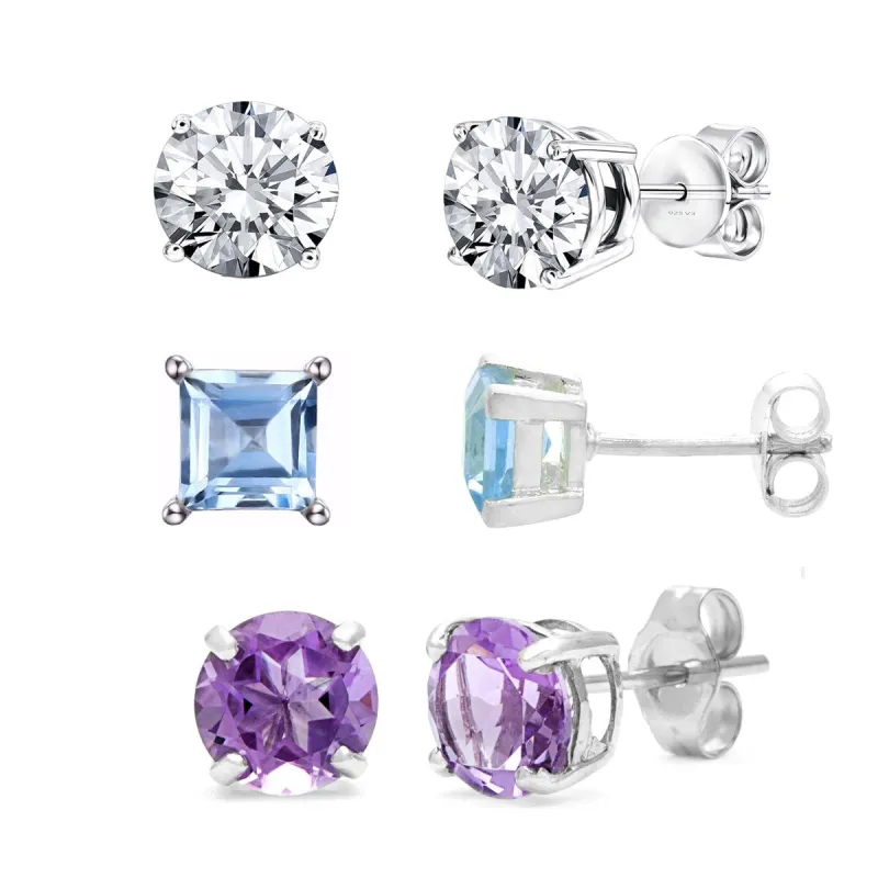 Set of 3 Sterling Silver Stud Earrings - Amethyst, Sky Blue Topaz and White Topaz sold by Zulily