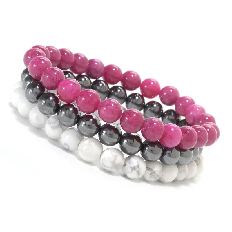 Set of 3 8MM Stretch Bracelets with Purple Jade, Howlite and Hematite sold by Zulily