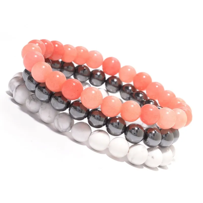 Set of 3 8MM Stretch Bracelets with Peach Jade, Howlite and Hematite sold by Zulily