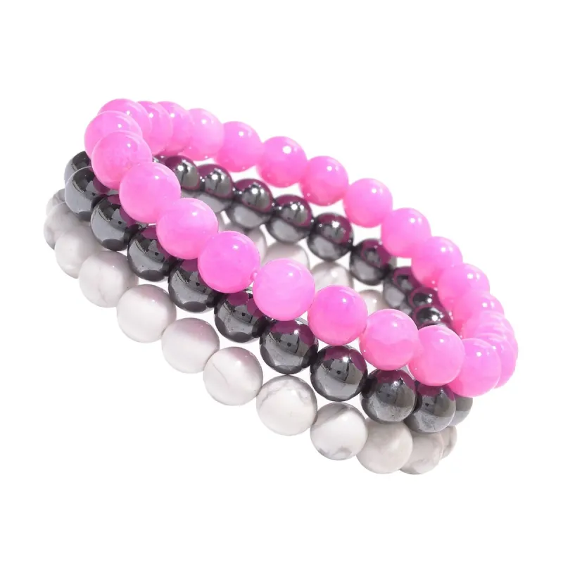 Set of 3 8MM Stretch Bracelets with Pink Jade, Howlite and Hematite sold by Zulily