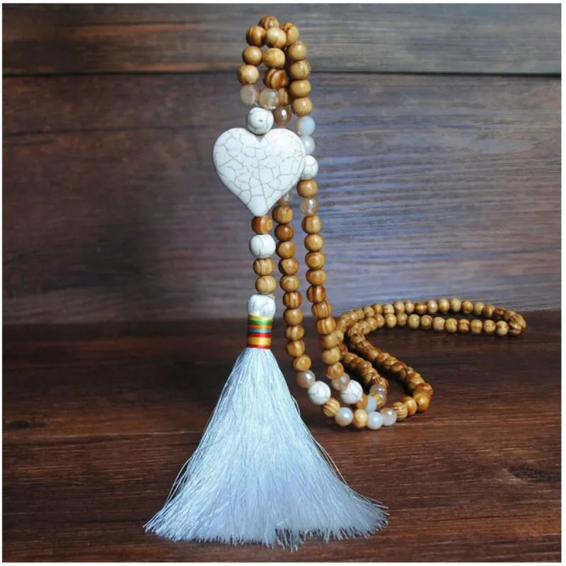 Wooden Beaded Tassel Long Necklace - White sold by Zulily