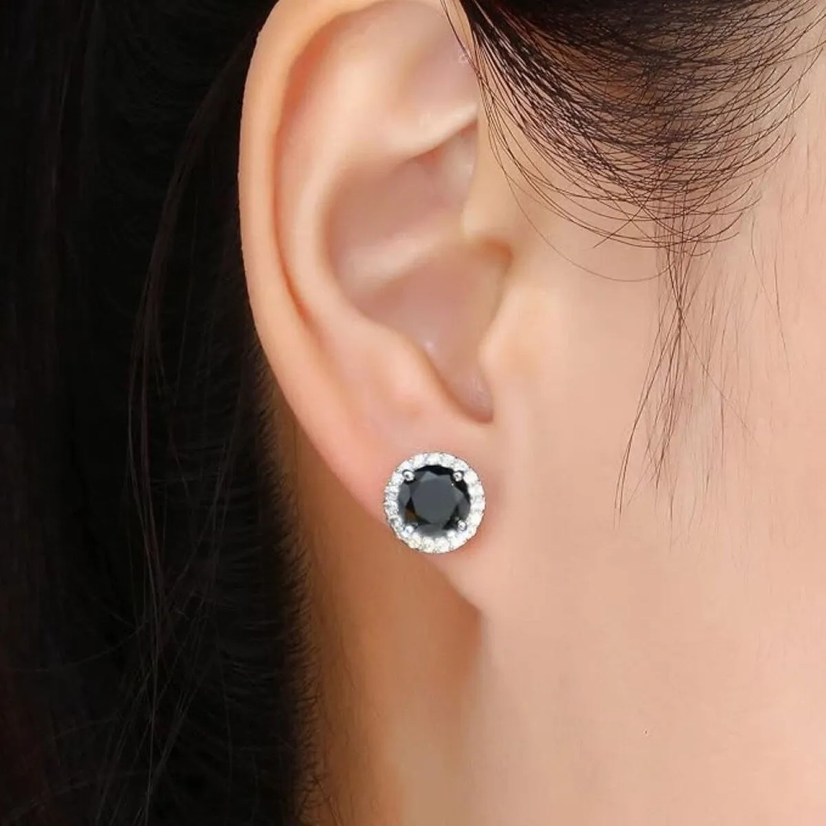 925 Sterling Silver Halo Round Cut Black Stud Earrings sold by Zulily product image thumbnail 3