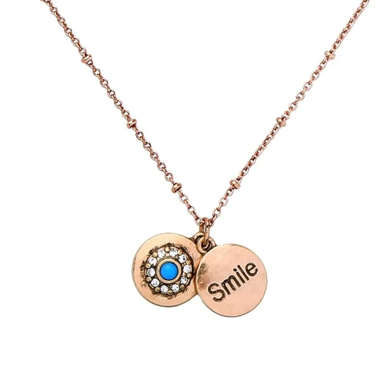 Brass Blue Smile Circular Pendant Necklace - White sold by Zulily