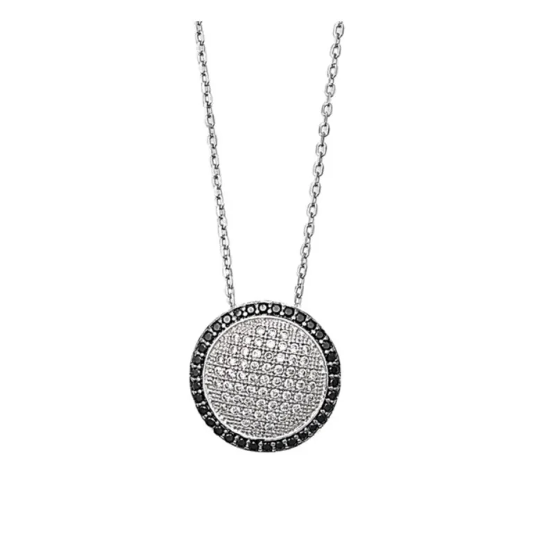 Sterling Silver CZ Pave & Black Outline Circular Pendant Necklace - White made by Zulily