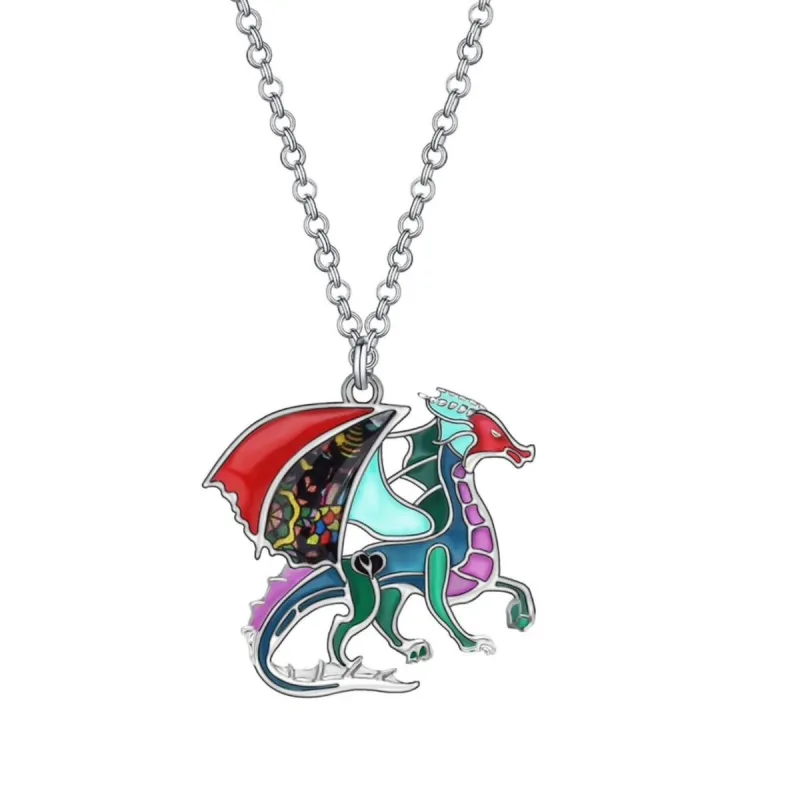 Silvertone Multi Colored Dragon Pendant Necklace - White sold by Zulily