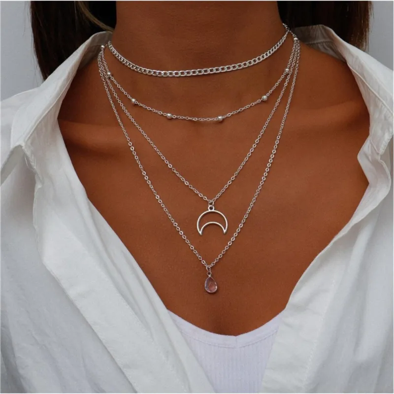Silvertone Open Crescent Moon Dainty Crystal Layered Necklace - White sold by Zulily