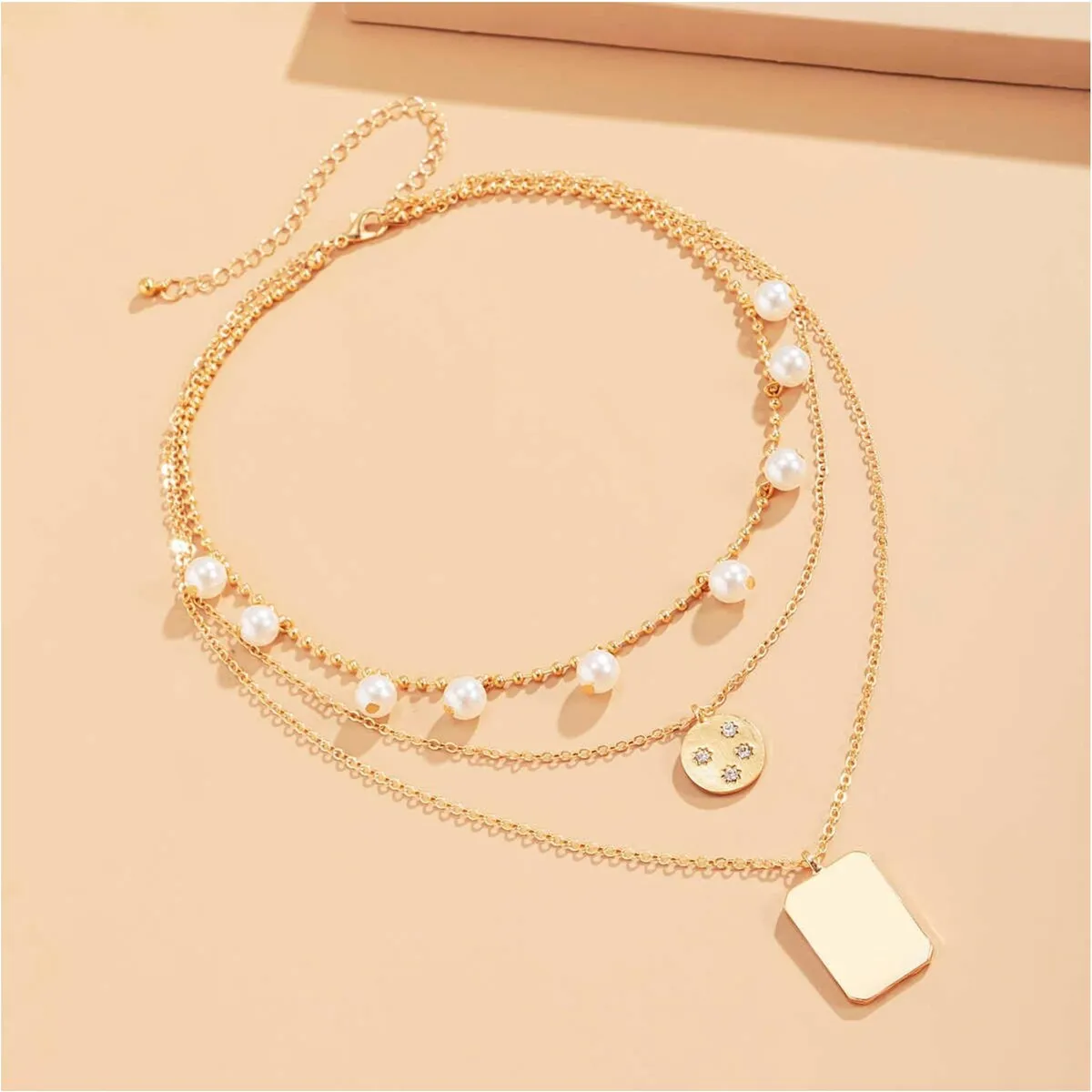 Goldtone Multi Layered Disk And Rectangular Necklace With Pearls And Crystals - White sold by Zulily product image thumbnail 2