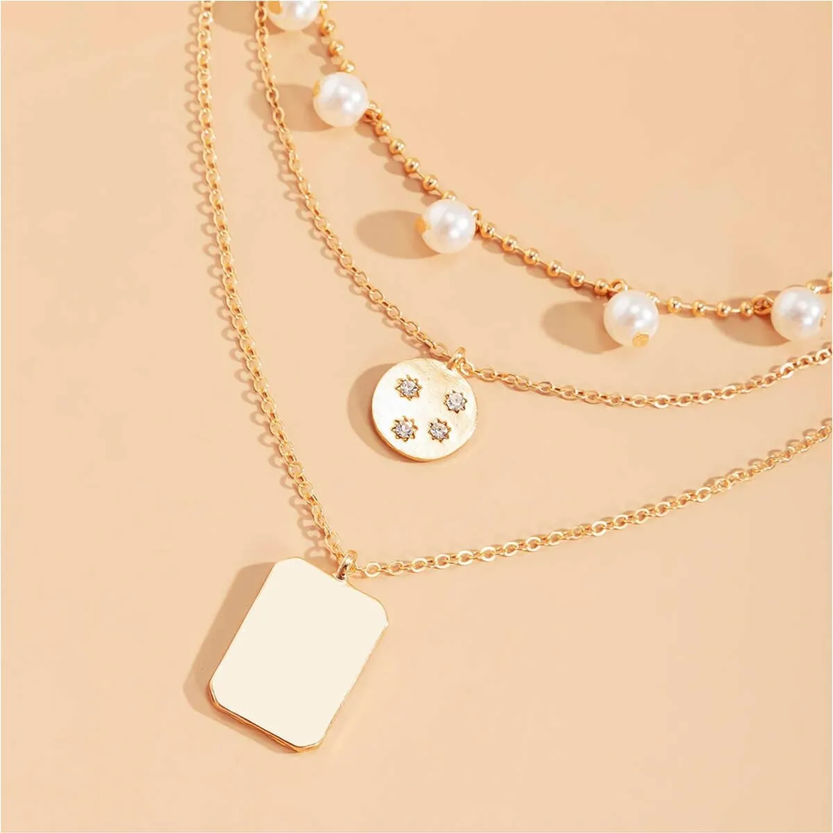 Goldtone Multi Layered Disk And Rectangular Necklace With Pearls And Crystals - White sold by Zulily