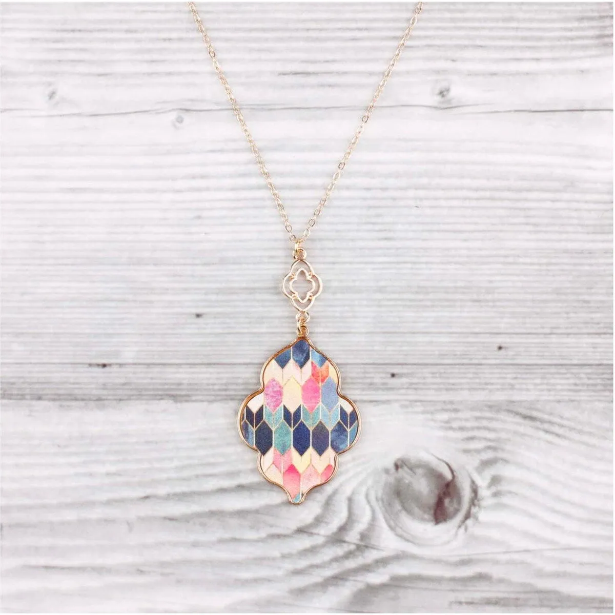 Goldtone Pink & Blue Trefoil Pendant Necklace - White sold by Zulily