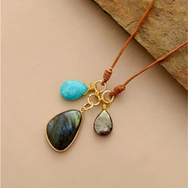 Leather Natural Stone Charmed Necklace - White made by Zulily