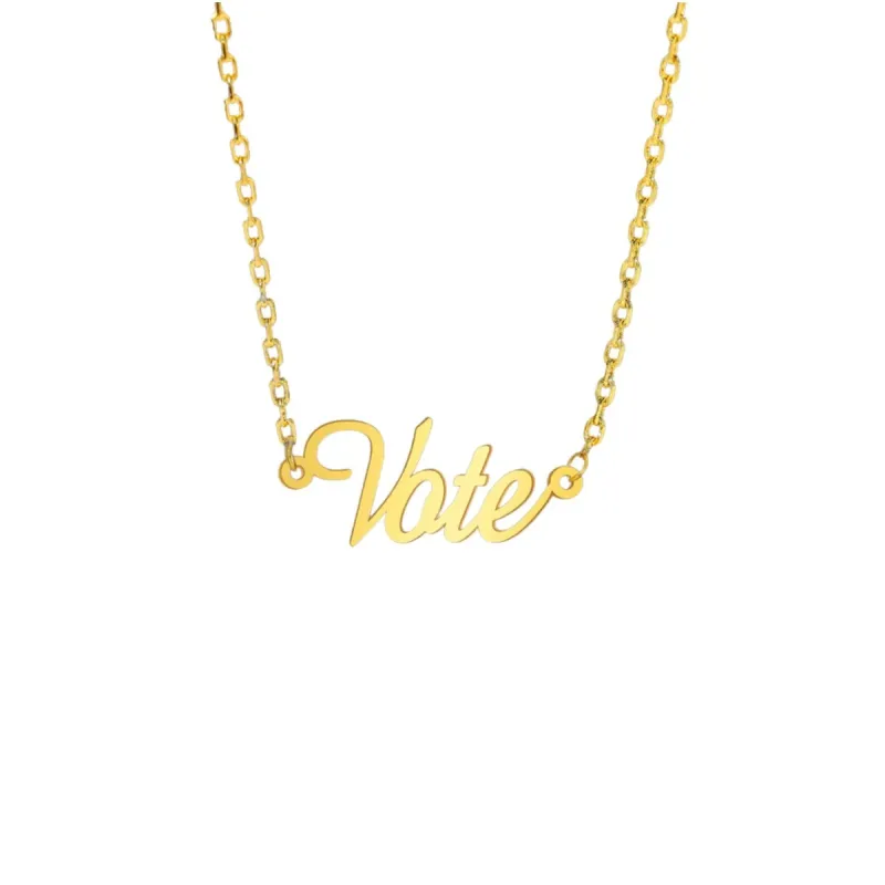 Gold plated Stainless Steel Vote Script Pendant Necklace - White sold by Zulily