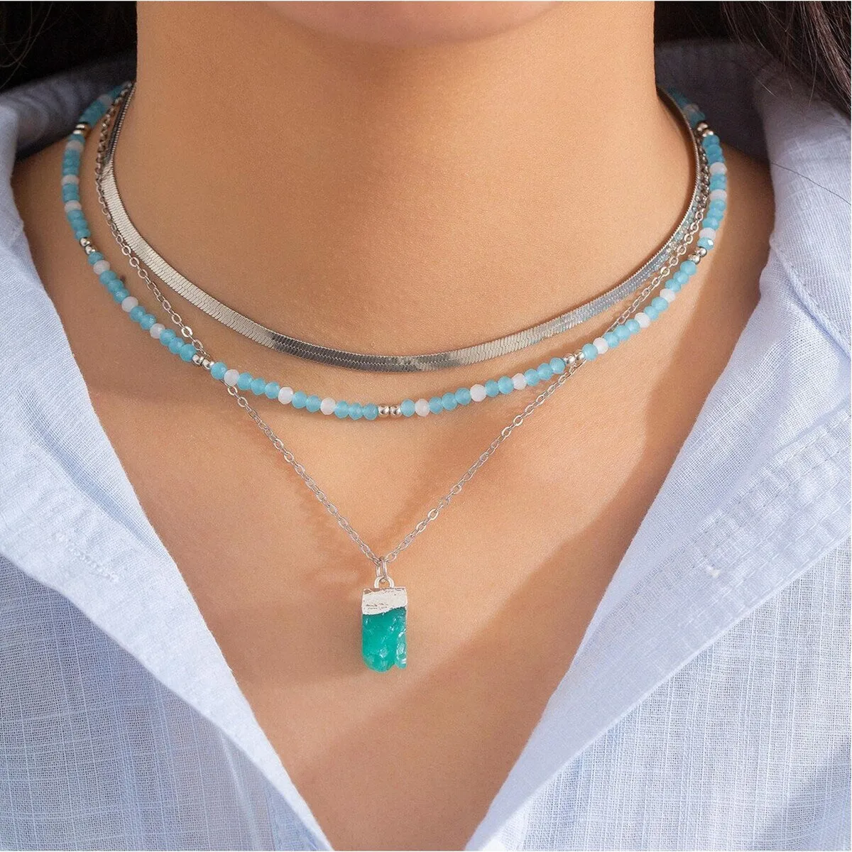 Silvertone Blue Beaded Layered Necklace - White sold by Zulily