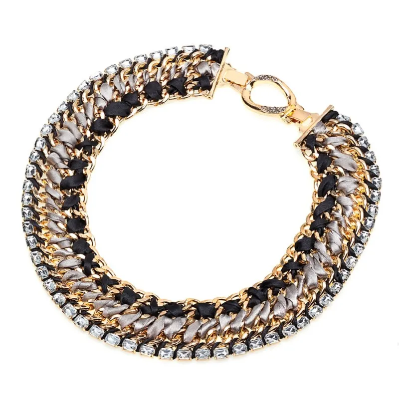 Statement Goldtone Black Braided Silk And Crystal Necklace - White sold by Zulily