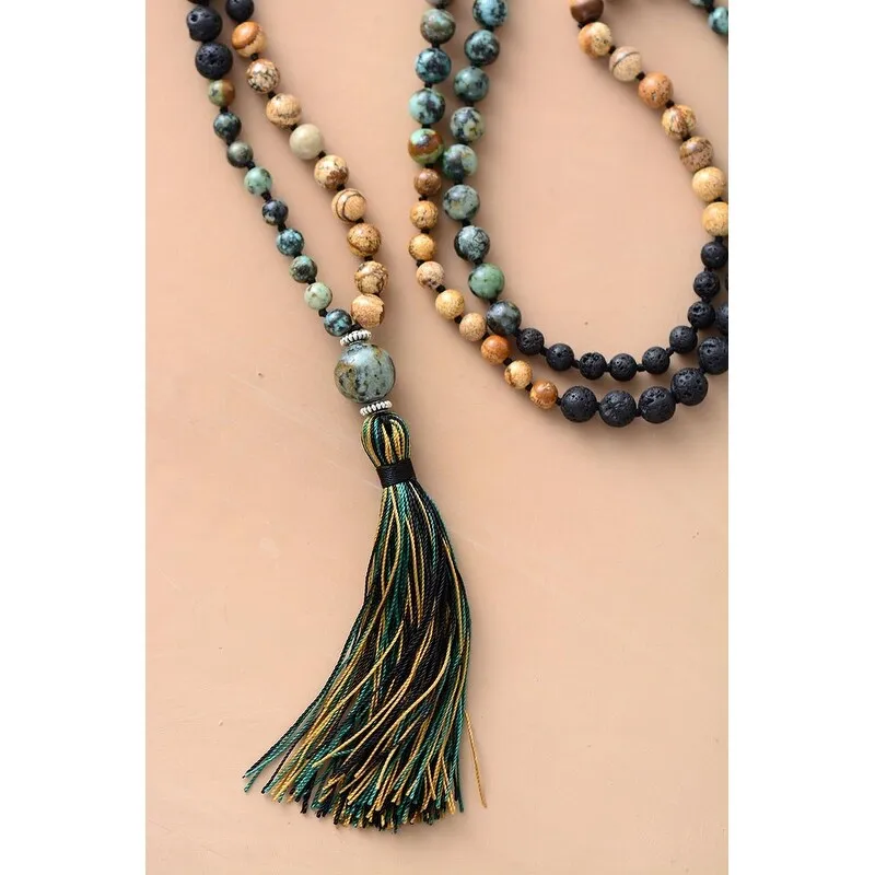 Jasper Lava Bead Stone Long Necklace With Tassel - White sold by Zulily product image thumbnail 3
